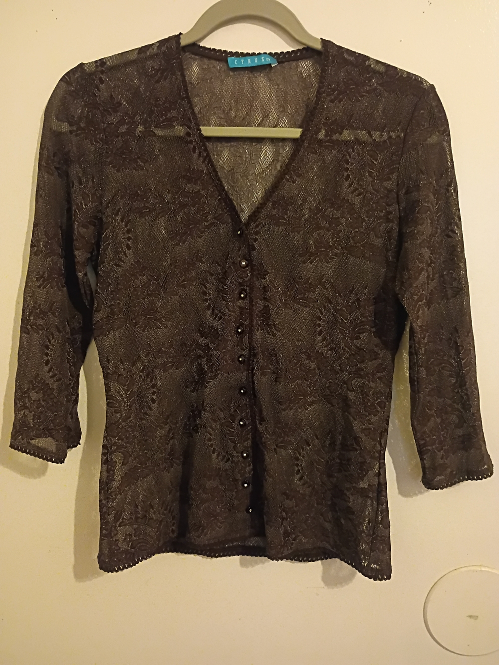 Cyrus Women's Brown Sheer Lace Button-Front Cardigan Sz S